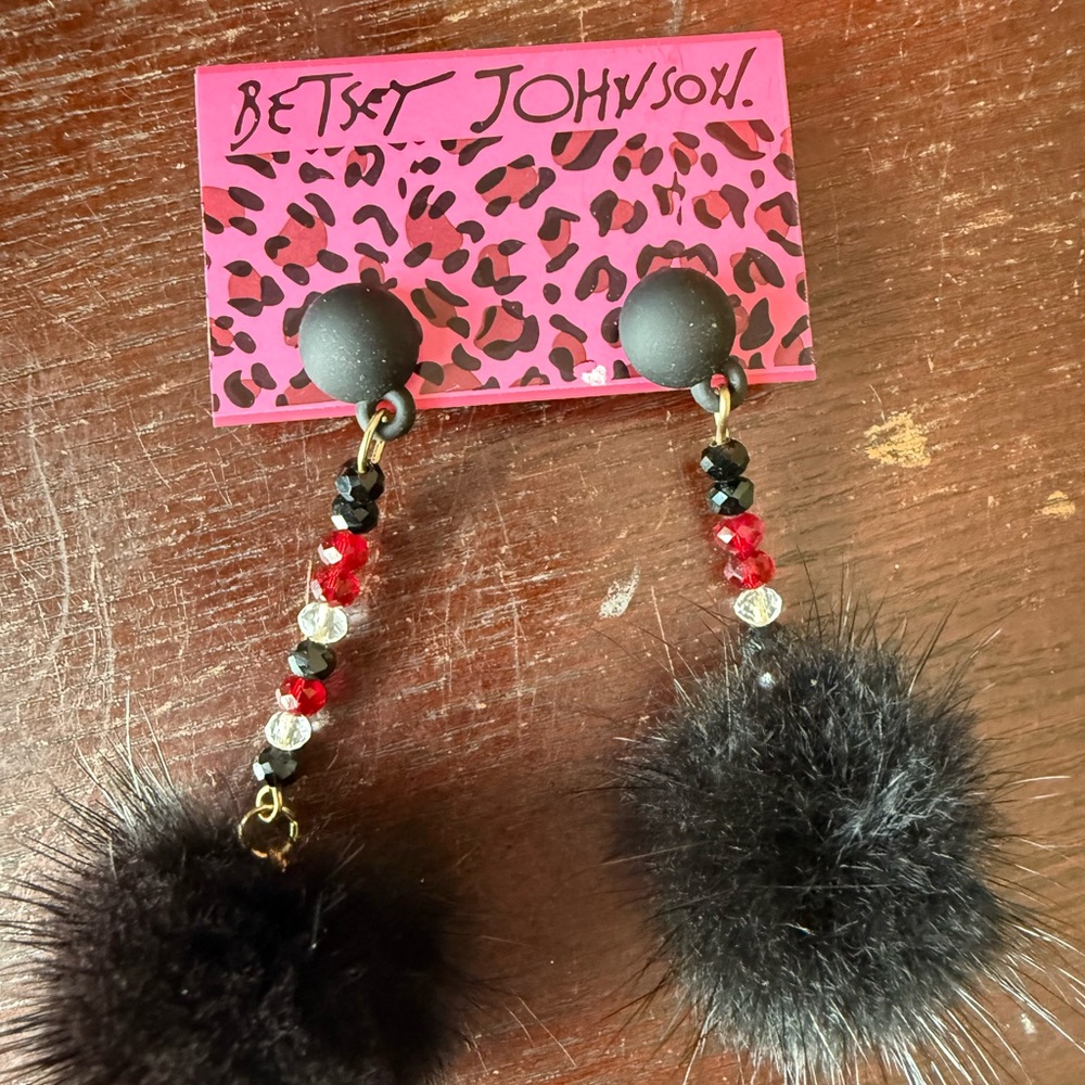 Betsey Johnson Black and Red Pom Pom Earrings